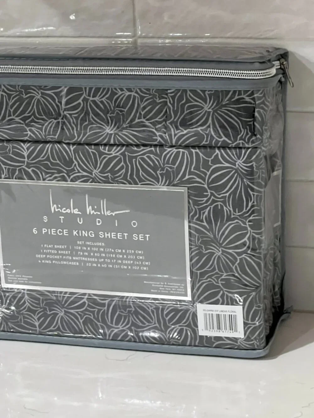 NICOLE MILLER Studio Gray KING Sheet Set 6pc New Linear Floral Tropical Flowers